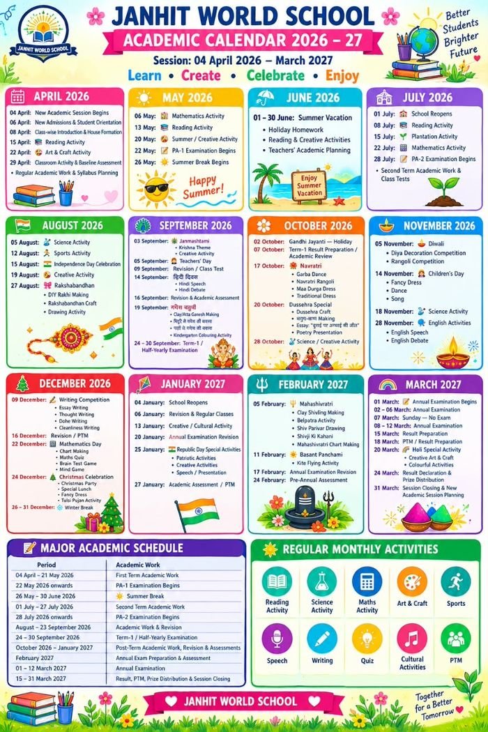 The official Janhit World School academic calendar poster for the 2026-27 session