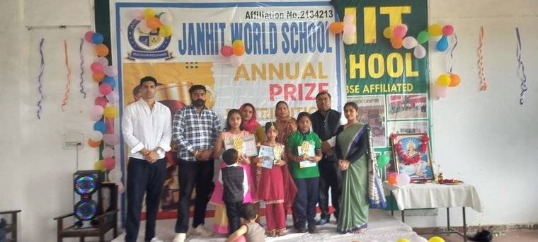 Award winners with their certificates at the Annual Prize Distribution Ceremony, Janhit World School